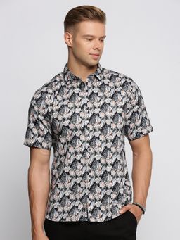 SHOWOFFFF - Men's Short Sleeves Spread Collar Floral Black Slim Fit Shirt