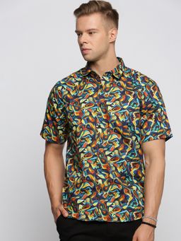 SHOWOFF - Men's Short Sleeves Spread Collar Abstract Multi-Color Slim Fit Shirt