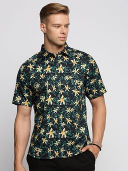SHOWOFFFF - Men's Short Sleeves Spread Collar Floral Black Slim Fit Shirt