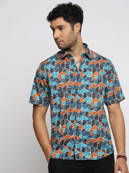 SHOWOFF - Men's Short Sleeves Spread Collar Abstract Turquoise Blue Slim Fit Shirt