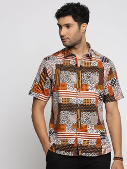 SHOWOFF - Men's Short Sleeves Spread Collar Abstract Rust Slim Fit Shirt