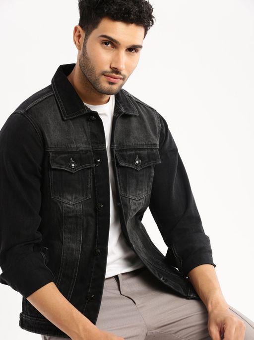 Buy SHOWOFF Men's Spread Collar Long Sleeves Charcoal Solid Denim