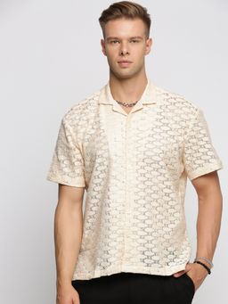 SHOWOFF - Men's Short Sleeves Cuban Collar Self Design Cream Regular Fit Crochet Shirt