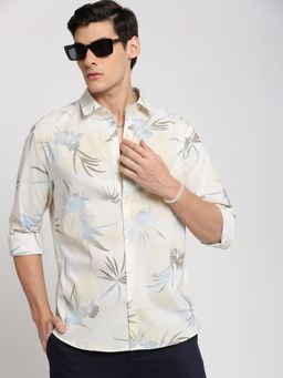 SHOWOFFFF - Men's Long Sleeves Spread Collar Printed Cream Slim Fit Shirt