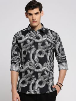 SHOWOFFFF - Men's Long Sleeves Spread Collar Printed Black Slim Fit Shirt