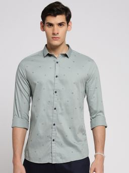 SHOWOFFFF - Men's Long Sleeves Spread Collar Graphic Sea Green Slim Fit Shirt