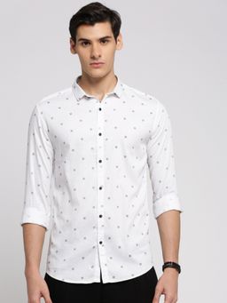 SHOWOFFFF - Men's Long Sleeves Spread Collar Floral White Slim Fit Shirt