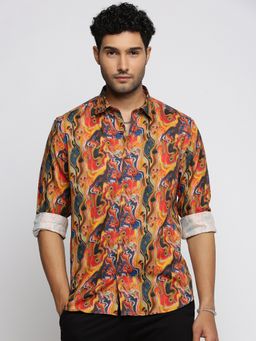 SHOWOFF - Men's Long Sleeves Spread Collar Abstract Orange Slim Fit Shirt