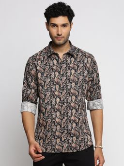 SHOWOFFFF - Men's Long Sleeves Spread Collar Ethnic Motifs Black Slim Fit Shirt