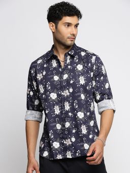 SHOWOFF - Men's Long Sleeves Spread Collar Floral Navy Blue Slim Fit Shirt
