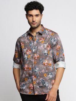 SHOWOFFFF - Men's Long Sleeves Spread Collar Floral Grey Slim Fit Shirt