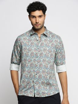 SHOWOFFFF - Men's Long Sleeves Spread Collar Floral Sea Green Slim Fit Shirt
