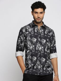 SHOWOFF - Men's Long Sleeves Spread Collar Abstract Black Slim Fit Shirt