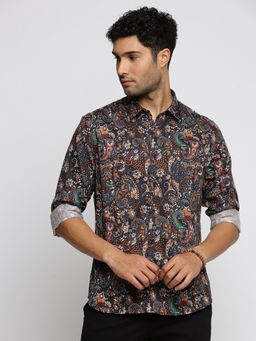 SHOWOFFFF - Men's Long Sleeves Spread Collar Ethnic Motifs Black Slim Fit Shirt