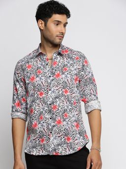 SHOWOFFFF - Men's Long Sleeves Spread Collar Floral Off White Slim Fit Shirt