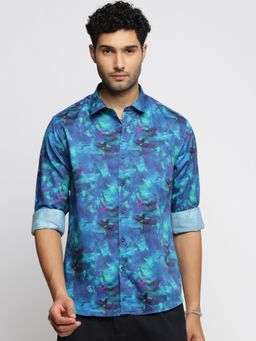 SHOWOFF - Men's Long Sleeves Spread Collar Abstract Blue Slim Fit Shirt