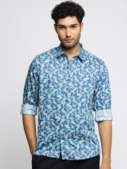 SHOWOFFFF - Men's Long Sleeves Spread Collar Floral Blue Slim Fit Shirt