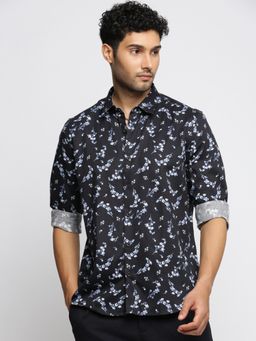 SHOWOFF - Men's Long Sleeves Spread Collar Floral Black Slim Fit Shirt
