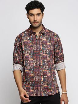 SHOWOFFFF - Men's Long Sleeves Spread Collar Ethnic Motifs Brown Slim Fit Shirt