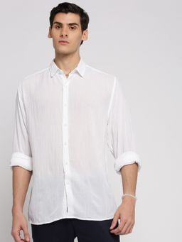 SHOWOFFFF - Men's Long Sleeves Spread Collar Solid White Slim Fit Shirt