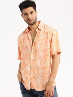SHOWOFF - Men's Short Sleeves Spread Collar Printed Orange Slim Fit Shirt