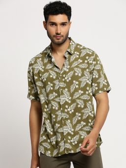 SHOWOFF - Men's Short Sleeves Spread Collar Floral Green Slim Fit Shirt