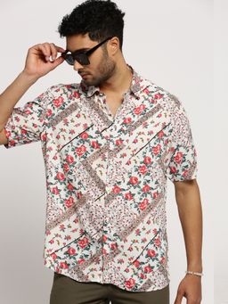 SHOWOFFFF - Men's Short Sleeves Spread Collar Floral White Slim Fit Shirt