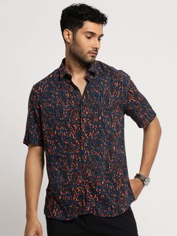 SHOWOFFFF - Men's Short Sleeves Spread Collar Abstract Teal Slim Fit Shirt