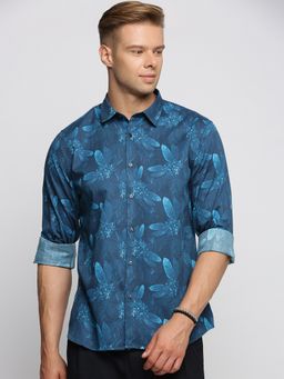 SHOWOFFFF - Men's Long Sleeves Spread Collar Floral Blue Slim Fit Shirt