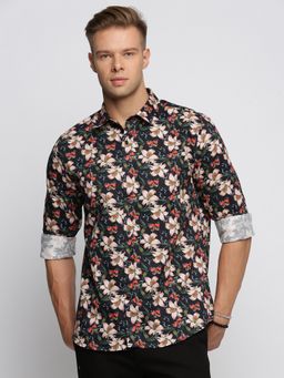 SHOWOFF - Men's Long Sleeves Spread Collar Floral Black Slim Fit Shirt