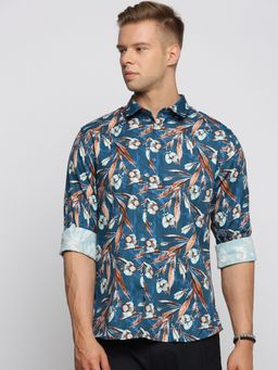 SHOWOFFFF - Men's Long Sleeves Spread Collar Floral Teal Slim Fit Shirt