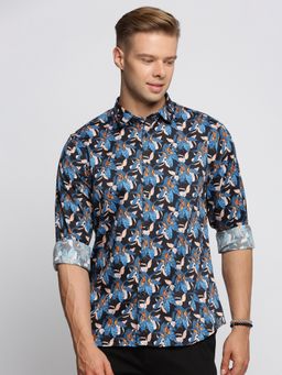 SHOWOFFFF - Men's Long Sleeves Spread Collar Floral Blue Slim Fit Shirt