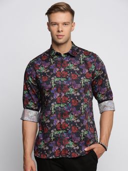 SHOWOFF - Men's Long Sleeves Spread Collar Floral Black Slim Fit Shirt
