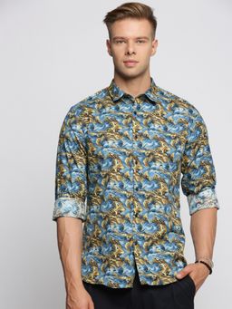 SHOWOFF - Men's Long Sleeves Spread Collar Abstract Blue Slim Fit Shirt
