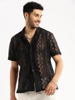 SHOWOFFFF - Men's Short Sleeves Cuban Collar Self Design Black Slim Fit Crochet Shirt
