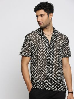 SHOWOFFFF - Men's Short Sleeves Cuban Collar Chevron Black Regular Fit Crochet Shirt