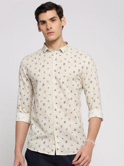 SHOWOFFFF - Men's Long Sleeves Spread Collar Floral Beige Slim Fit Shirt