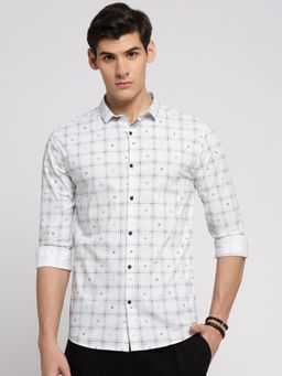SHOWOFFFF - Men's Long Sleeves Spread Collar Windowpane Checks White Slim Fit Shirt