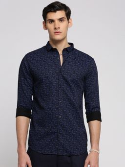 SHOWOFFFF - Men's Long Sleeves Spread Collar Floral Black Slim Fit Shirt