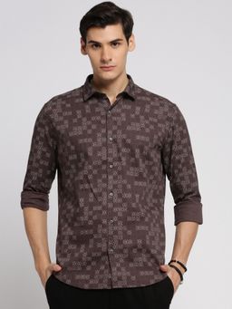 SHOWOFFFF - Men's Long Sleeves Spread Collar Geometric Brown Slim Fit Shirt