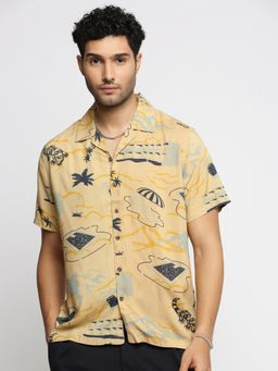 SHOWOFFFF - Men's Short Sleeves Cuban Collar Graphic Beige Regular Fit Shirt
