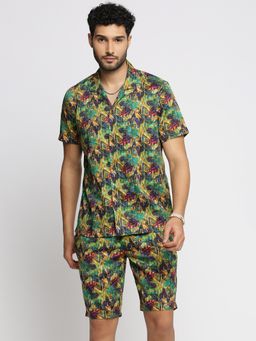 SHOWOFF - Men's Short Sleeves Printed Cuban Collar Over Sized Green Shirt with Shorts (Set of 2)