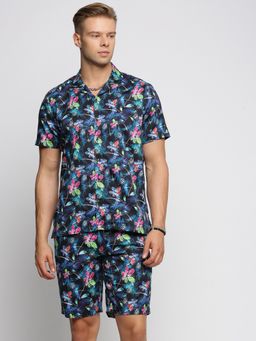 SHOWOFF - Men's Short Sleeves Printed Cuban Collar Over Sized Blue Shirt with Shorts (Set of 2)