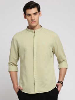 SHOWOFF - Men's Long Sleeves Mandarin Collar Solid Sea Green Slim Fit Shirt