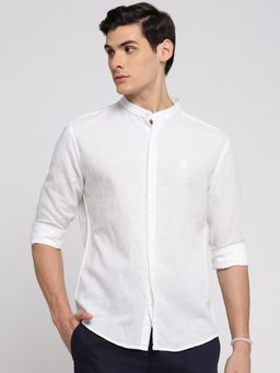 SHOWOFFFF - Men's Long Sleeves Mandarin Collar Solid White Slim Fit Shirt