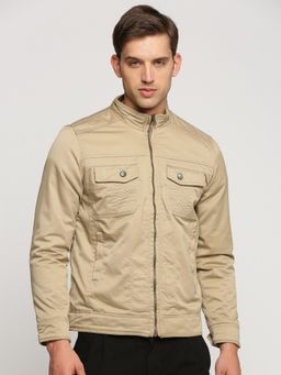 SHOWOFF - Men's Mock Collar Long Sleeves Beige Solid Tailored Jacket