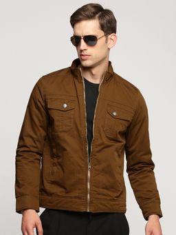 SHOWOFFFF - Men's Mock Collar Long Sleeves Brown Solid Tailored Jacket
