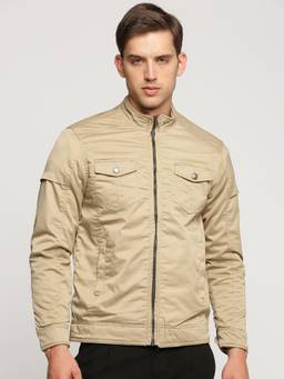 SHOWOFFFF - Men's Mock Collar Long Sleeves Beige Solid Tailored Jacket