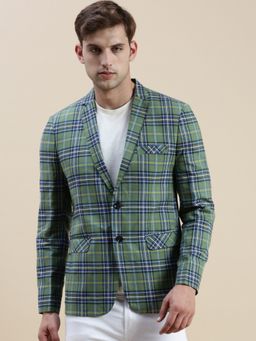 SHOWOFFFF - Men's Checked Slim Fit Notched Lapel Green Single-Breasted Blazer