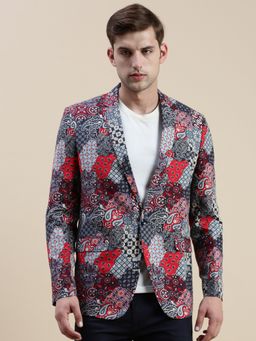 SHOWOFFFF - Men's Printed Slim Fit Mandarin Collar Multi Single-Breasted Blazer
